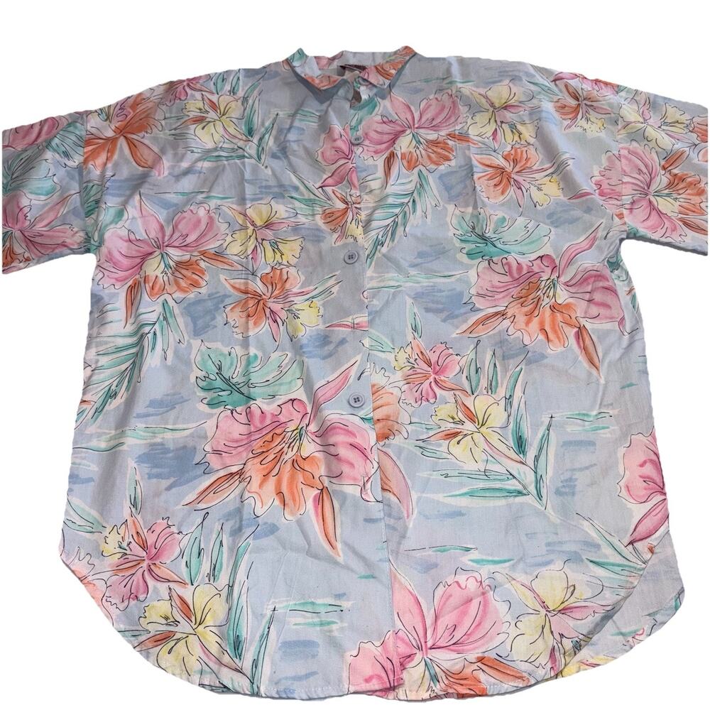 Vintage Women Cali Crush Short Sleeve Tropical Flower Print Beachy Made In USA